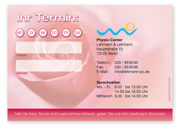 Terminzettel "zarte Rose" - 1 Termin mit Wochentagen - 1214010104