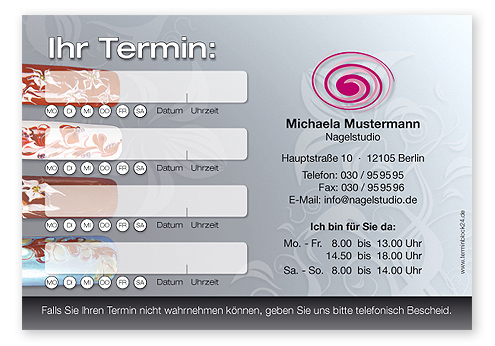 Terminzettel "creative Nail Art" - 4 Termine mit Wochentagen - 1214010448