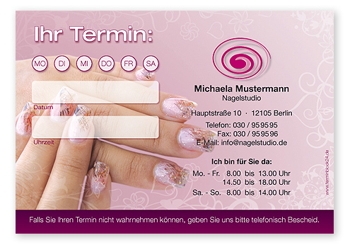 Terminzettel "Nail Art" - 1 Termin mit Wochentagen - 1214010147