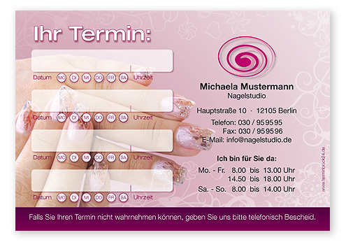 Terminzettel "Nail Art" - 4 Termine mit Wochentagen - 1214010447